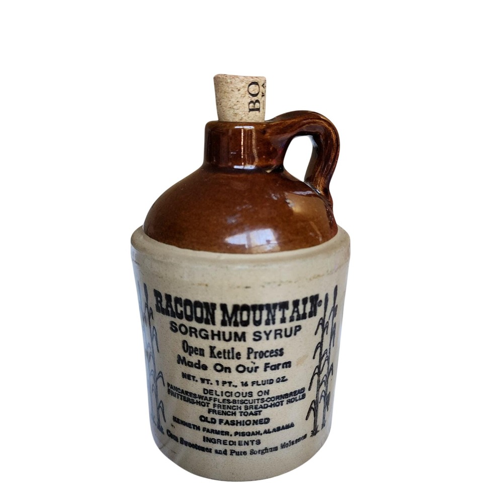 Vintage Raccoon Mountain Sorghum Syrup Stoneware Jug Alabama USA Pottery 1 Pint